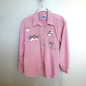 Get Lucky USA Womens Red White Stripe Snowman Button Up Shirt Size M Oversized